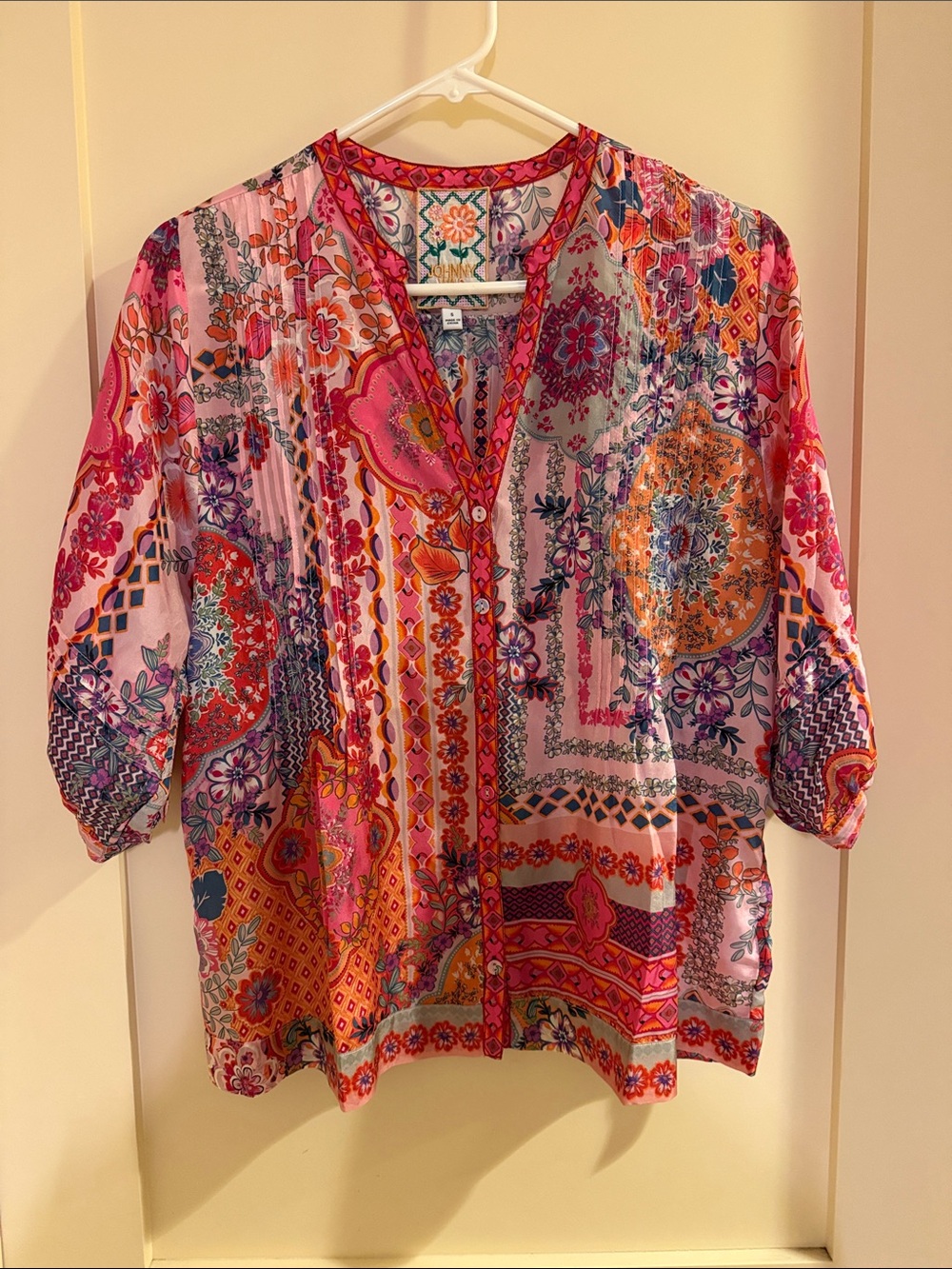 Johnny Was Vacanza Blouse Pink Floral Patchwork V-Neck Women's Size S